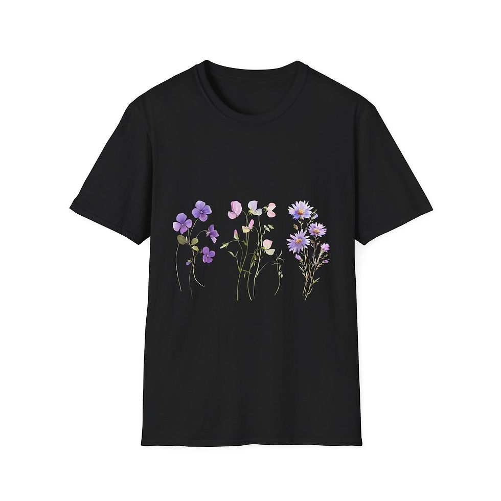 Thumbnail: Floral Vibes Unisex Softstyle T-Shirt, Bohemian, Nature-Inspired, Purple, Pink