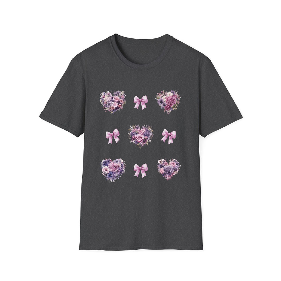 Thumbnail: Pink and Purple Heart Wreath with Pink Coquettes Unisex T-Shirt, Softstyle
