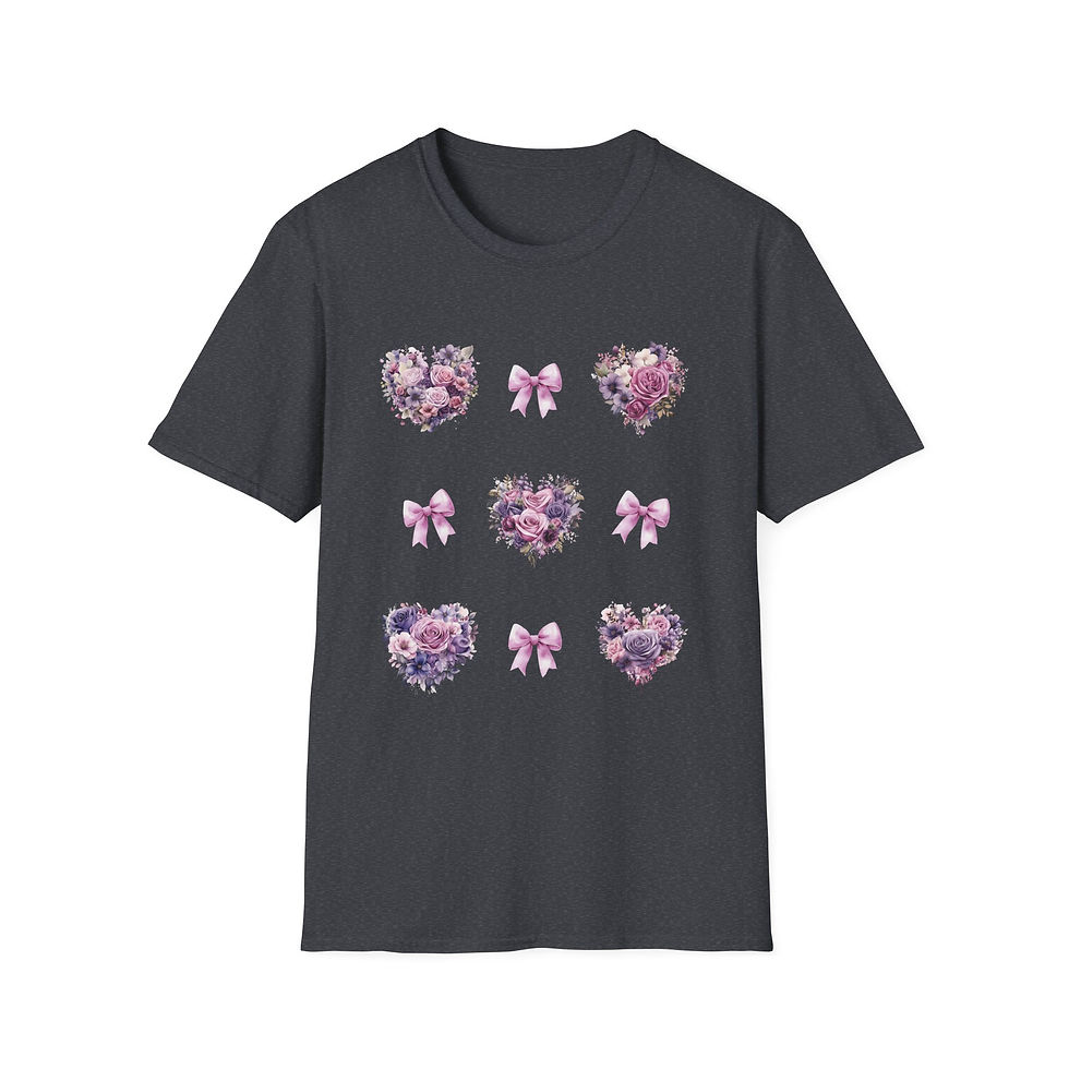 Thumbnail: Pink and Purple Heart Wreath with Pink Coquettes Unisex T-Shirt, Softstyle
