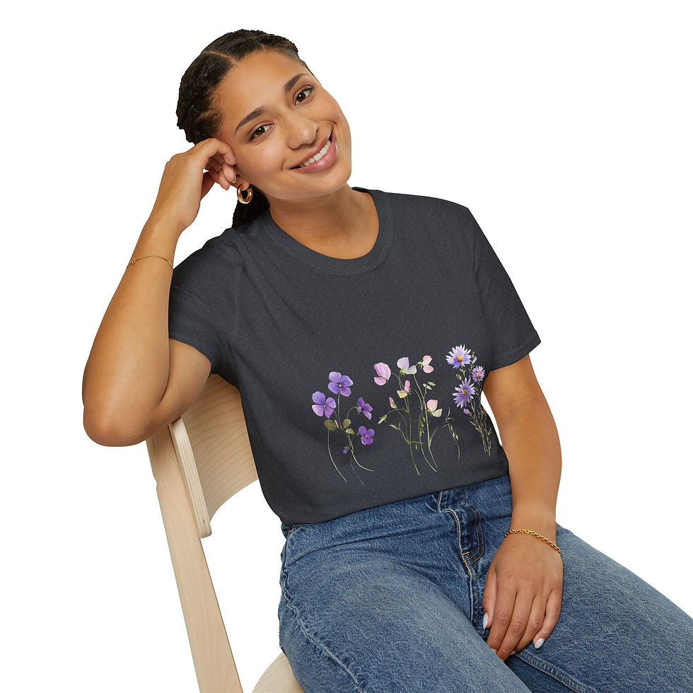 Thumbnail: Floral Vibes Unisex Softstyle T-Shirt, Bohemian, Nature-Inspired, Purple, Pink