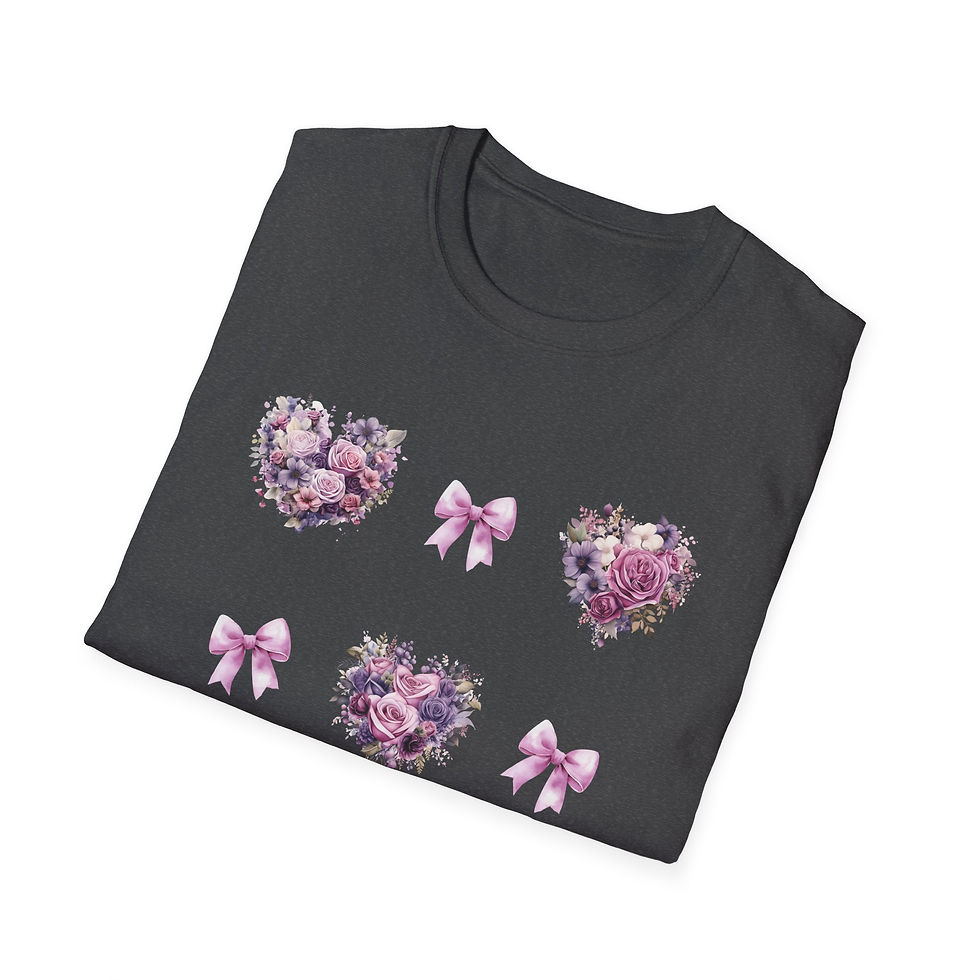 Thumbnail: Pink and Purple Heart Wreath with Pink Coquettes Unisex T-Shirt, Softstyle