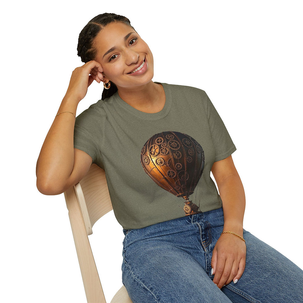 Thumbnail: Steampunk Hot Air Balloon T-Shirt, Fantasy Apparel, Unisex, Casual, Geek Culture