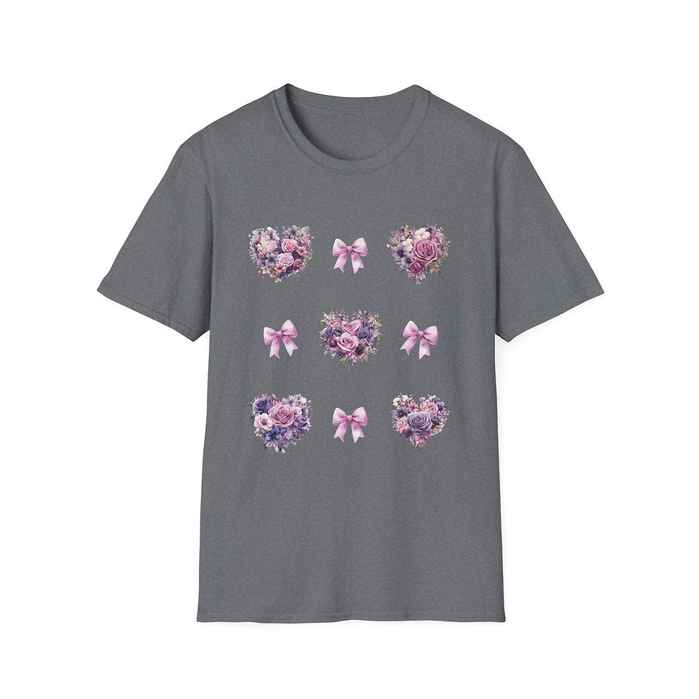 Thumbnail: Pink and Purple Heart Wreath with Pink Coquettes Unisex T-Shirt, Softstyle