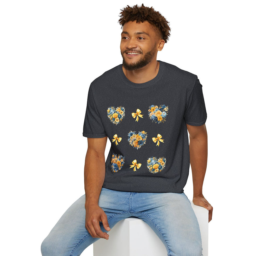 Thumbnail: Yellow and Blue Heart Wreath with Coquettes Unisex T-Shirt, Softstyle, Spring