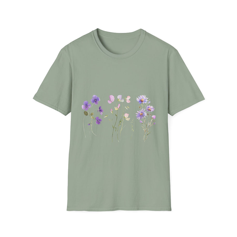 Thumbnail: Floral Vibes Unisex Softstyle T-Shirt, Bohemian, Nature-Inspired, Purple, Pink