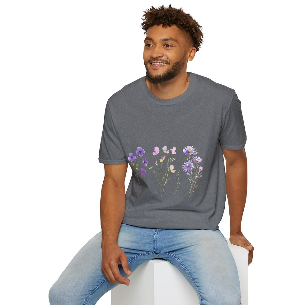 Thumbnail: Floral Vibes Unisex Softstyle T-Shirt, Bohemian, Nature-Inspired, Purple, Pink