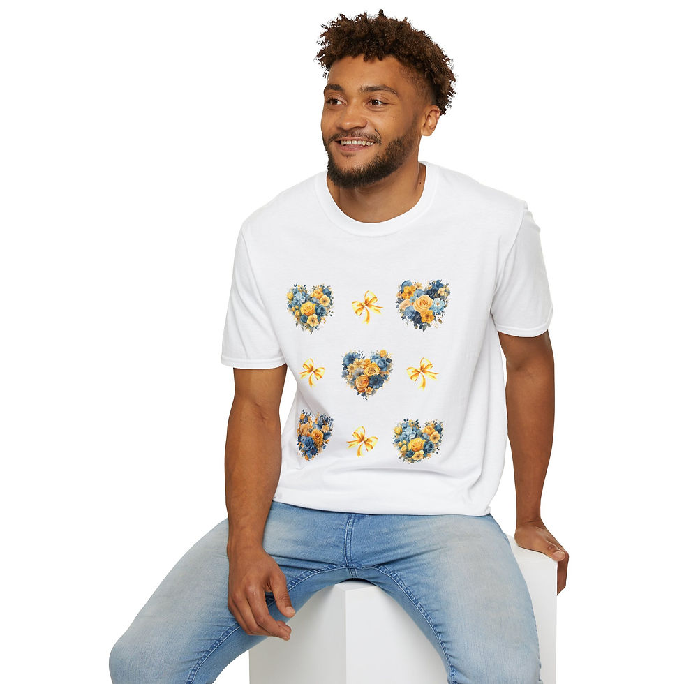 Thumbnail: Yellow and Blue Heart Wreath with Coquettes Unisex T-Shirt, Softstyle, Spring