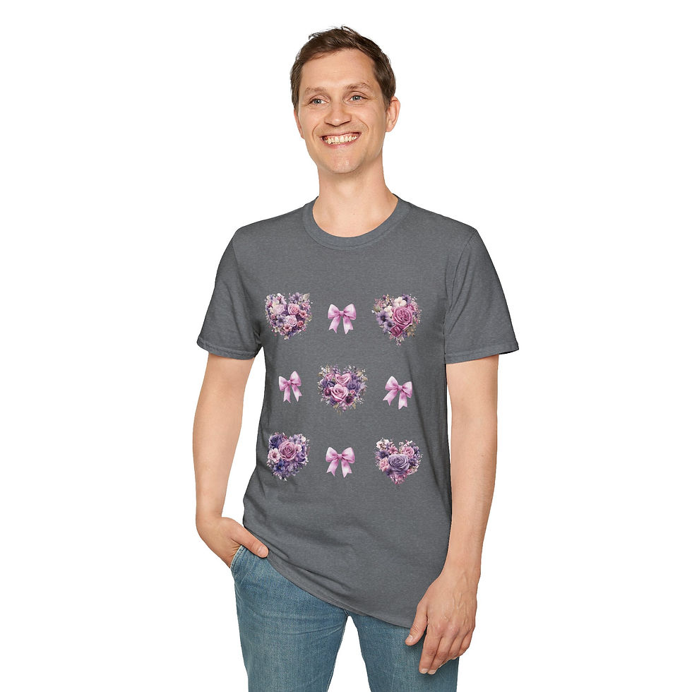 Thumbnail: Pink and Purple Heart Wreath with Pink Coquettes Unisex T-Shirt, Softstyle
