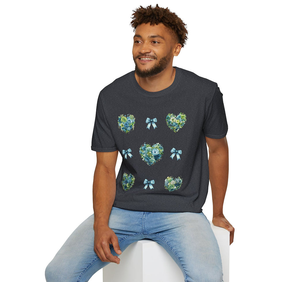 Thumbnail: Blue and Green Heart Wreath with Blue Coquettes Unisex T-Shirt, Softstyle