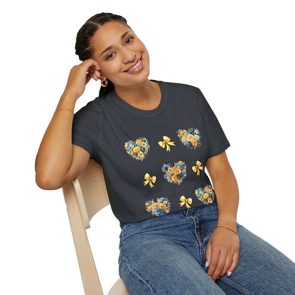 Thumbnail: Yellow and Blue Heart Wreath with Coquettes Unisex T-Shirt, Softstyle, Spring