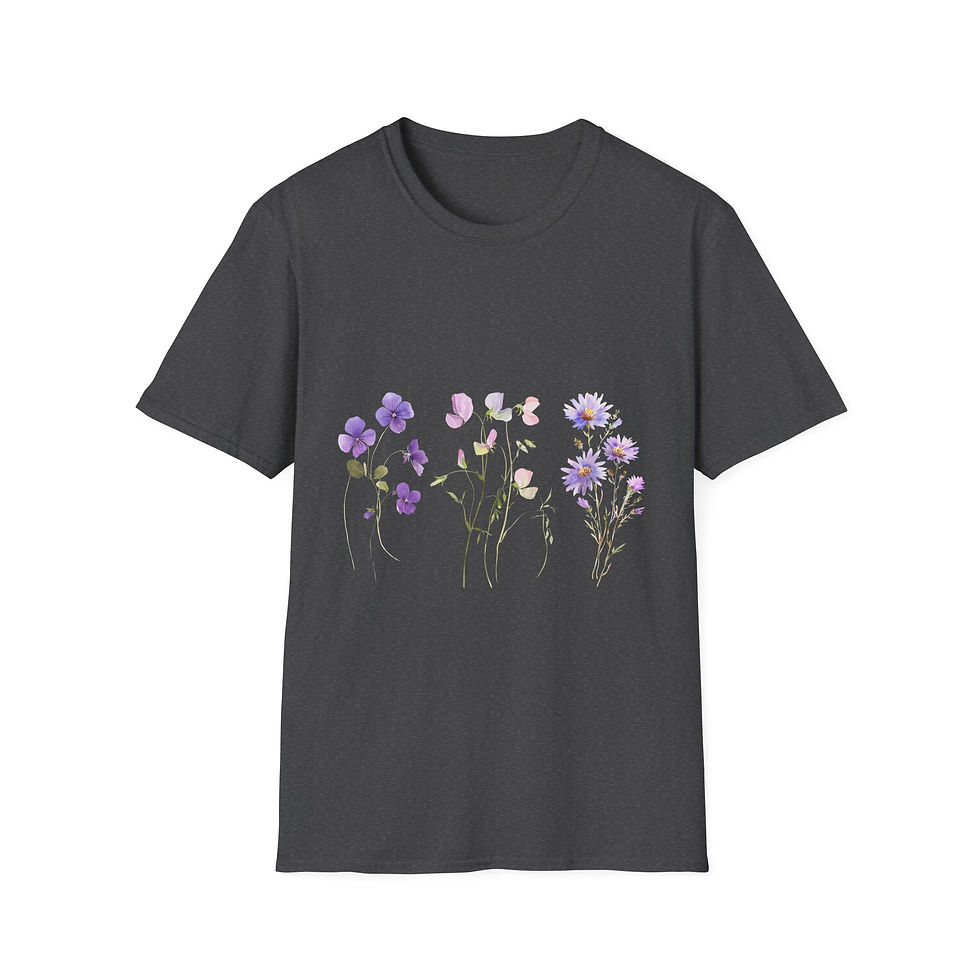Thumbnail: Floral Vibes Unisex Softstyle T-Shirt, Bohemian, Nature-Inspired, Purple, Pink