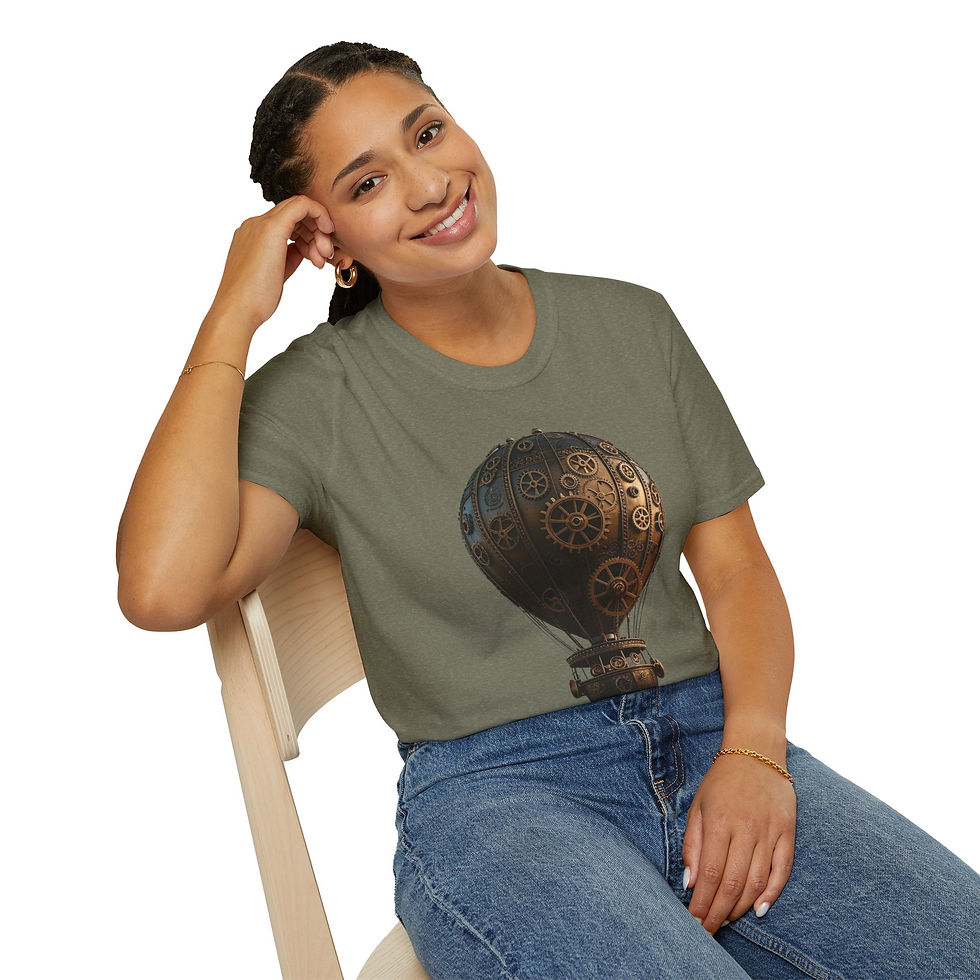Thumbnail: Steampunk Hot Air Balloon T-Shirt, Fantasy Apparel, Unisex, Casual, Geek Culture