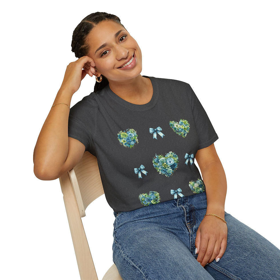 Thumbnail: Blue and Green Heart Wreath with Blue Coquettes Unisex T-Shirt, Softstyle