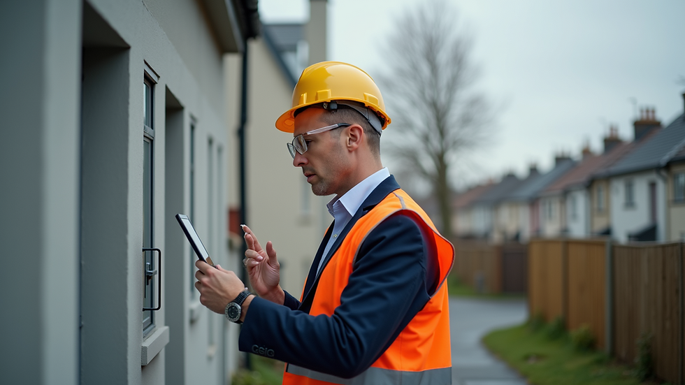 Eye-level view of a BER assessor inspecting a residential building in Dublin