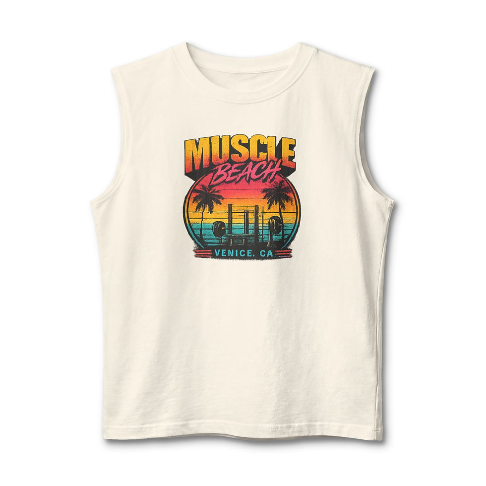 Thumbnail: Muscle Beach Venice Tank Top — Retro Sunset Palm Beach Workout Tee