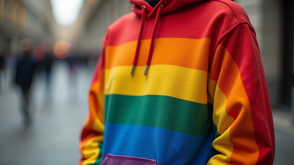 Close-up view of a folded pride hoodie with vibrant rainbow colors