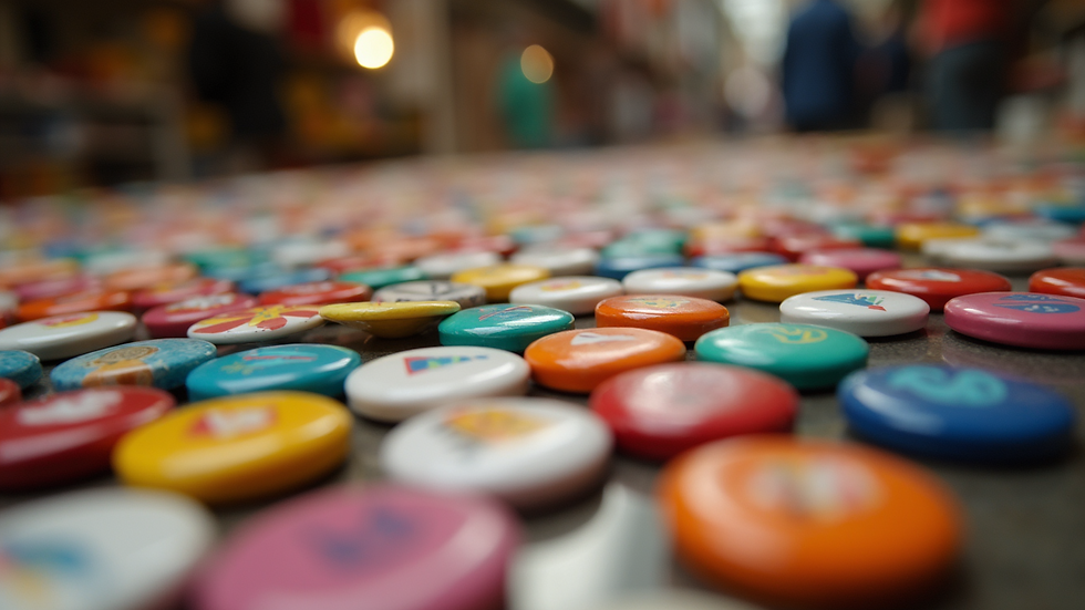 Eye-level view of a colorful display of pride buttons on a market stand