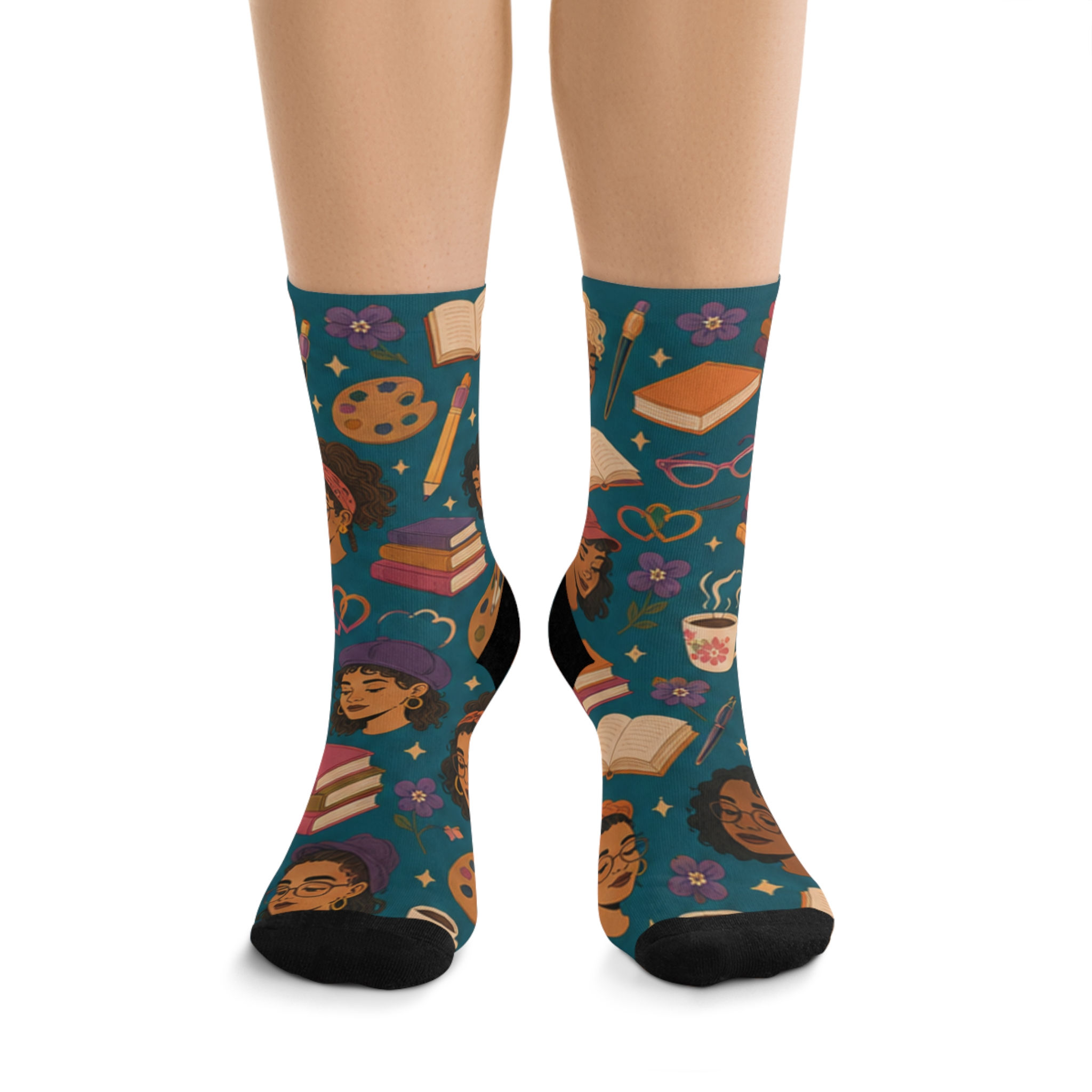 Recycled Poly Socks Literary & Creative Pattern Crew Socks (Books, Art, Coffee)