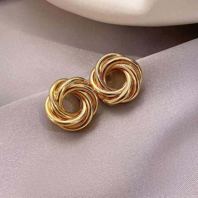 Thumbnail: Geometric Multi-layer Wrapping Round Circles Twisted Metal Hoop Earrings Women G