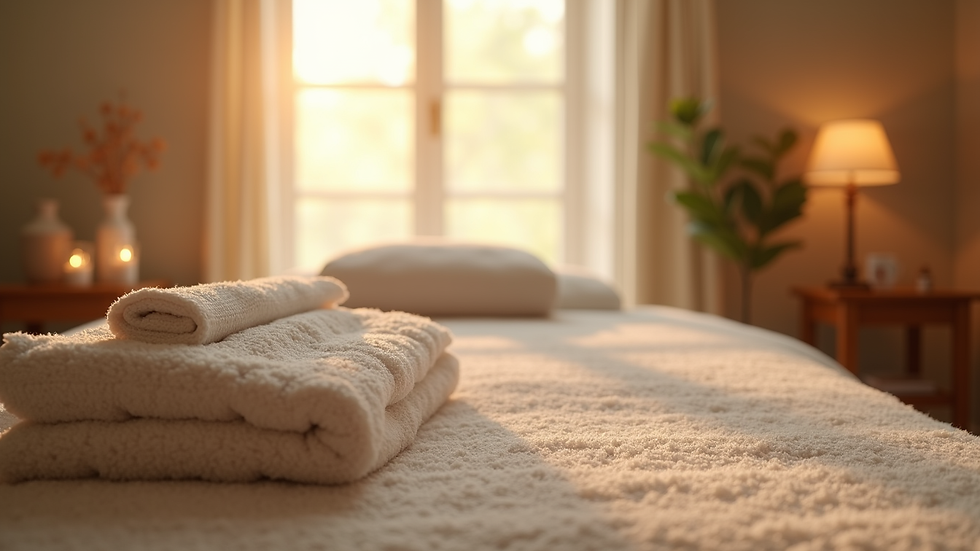 Eye-level view of a cozy reflexology therapy room with natural light