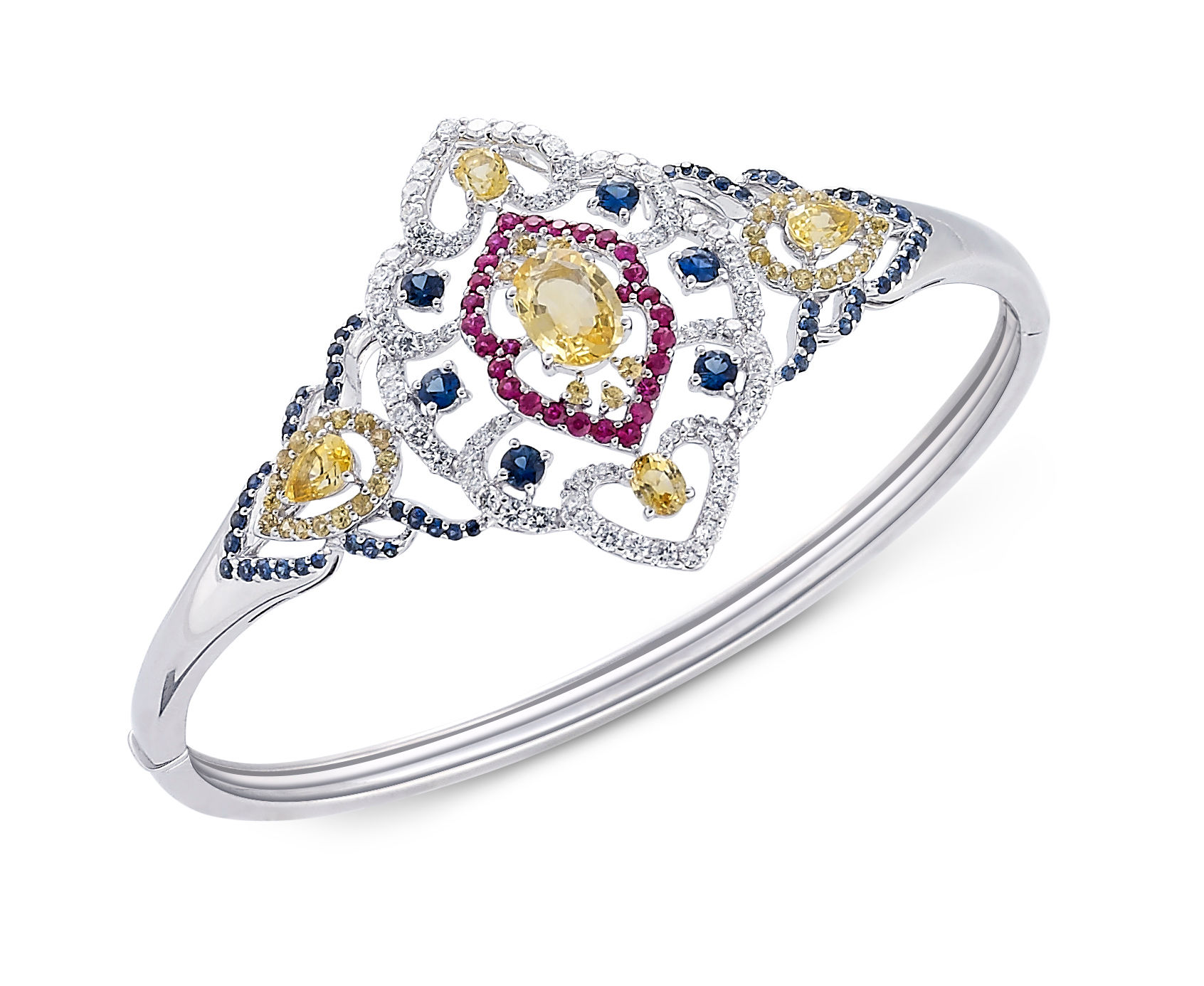 18K White Gold, Blue, Yellow and Pink Sapphire and Diamond Peacock Pendant