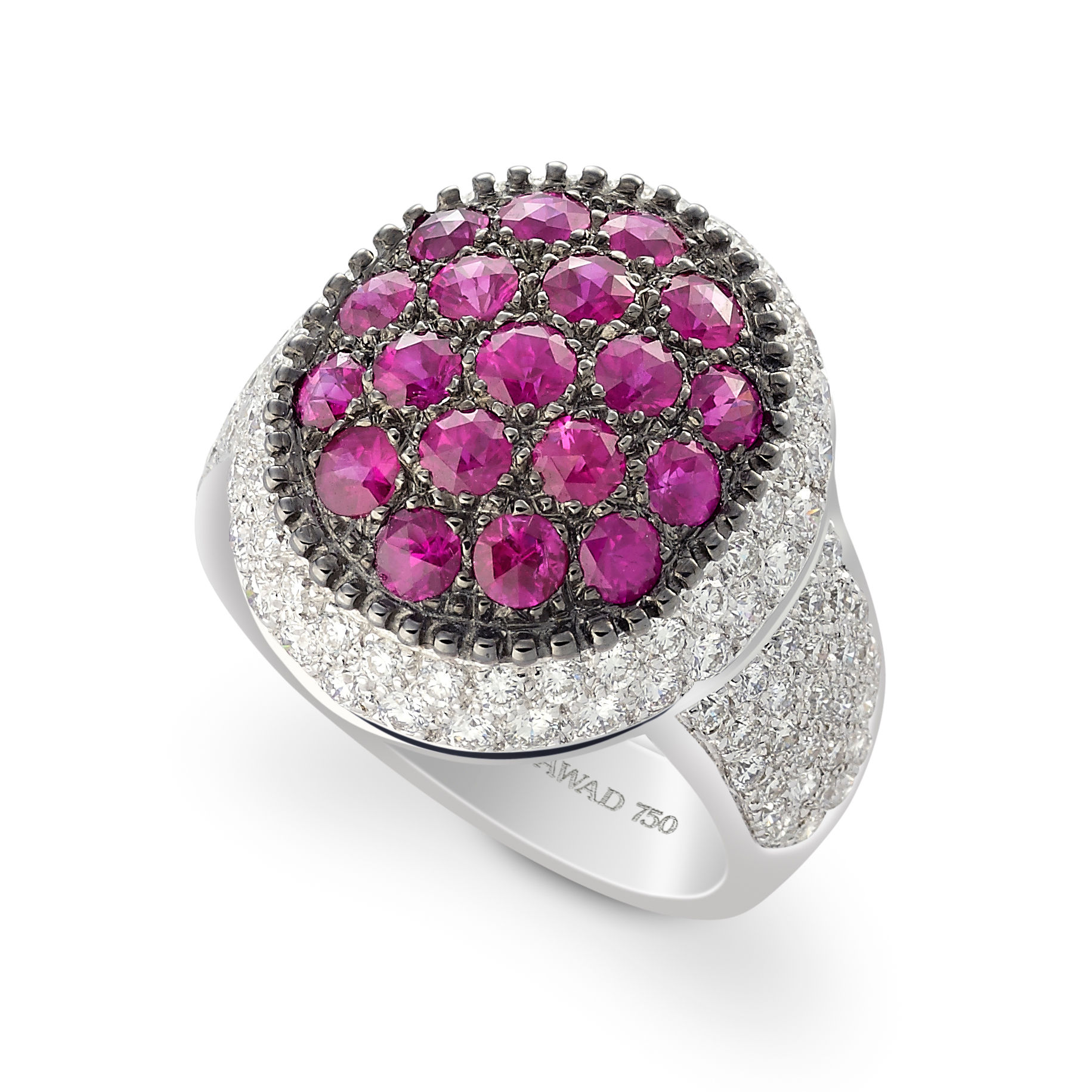 18K White Gold, Ruby and Diamond Rosette Ladies Ring