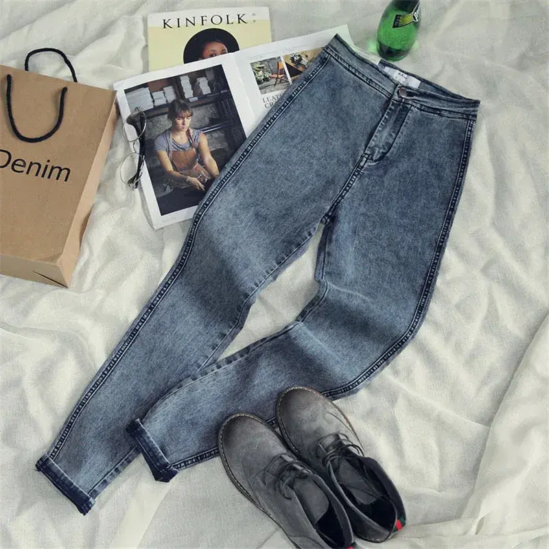Women Casual Stretch Autumn Denim Pencil Pants Lady Slim Elastic Skinny Jeans