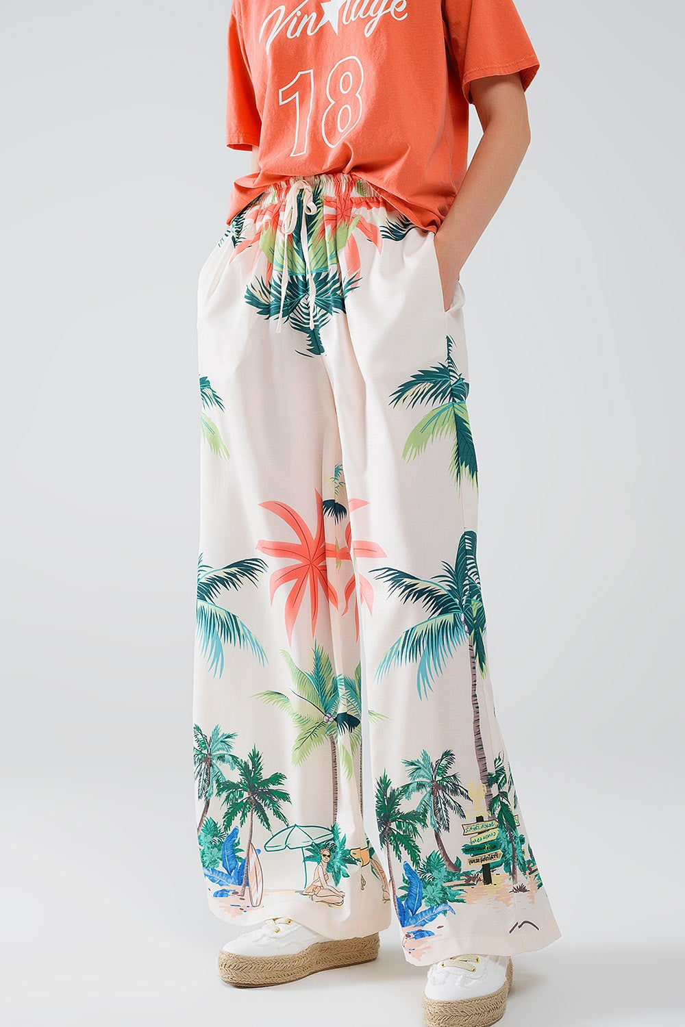 Cream Straight Leg Pants With Beach Print and Elastic Waist
