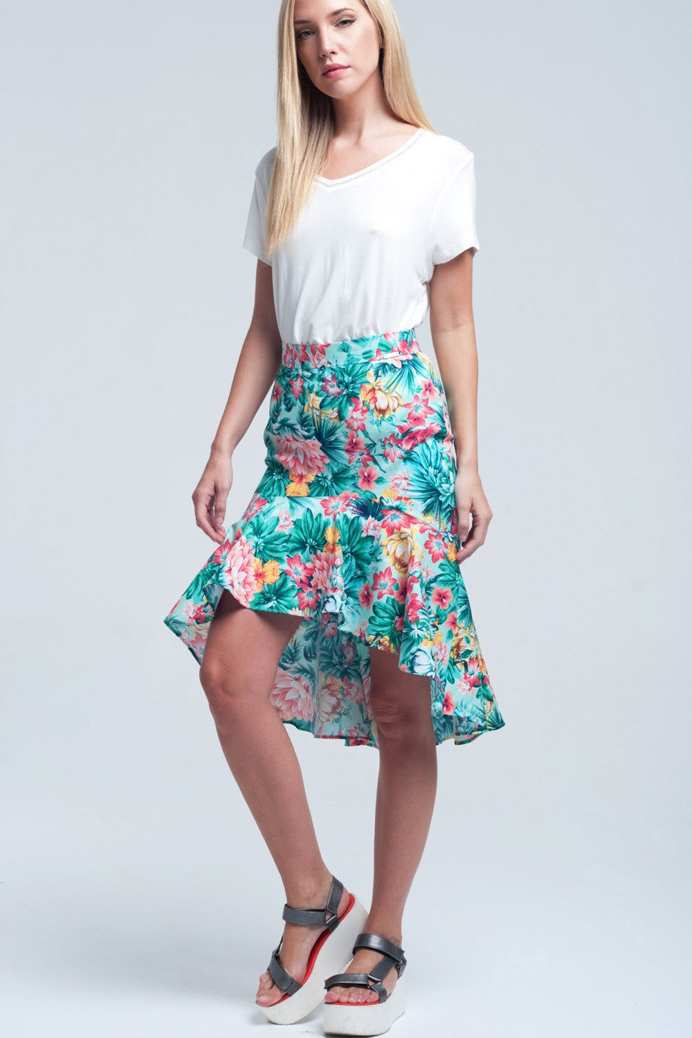 Floral Asymmetrical Green Skirt