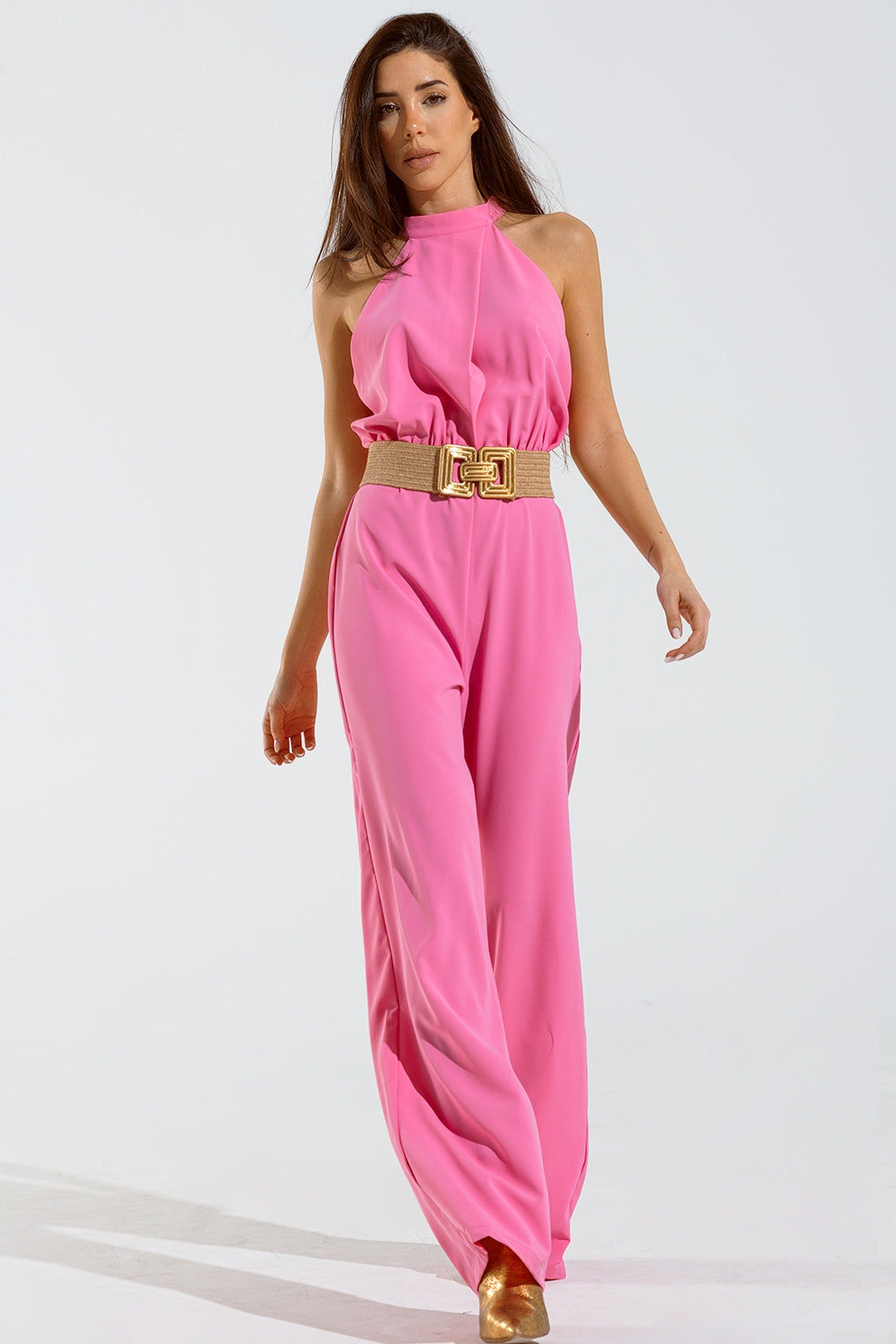 Pink Jumpuits With Top Crossed and High Collar
