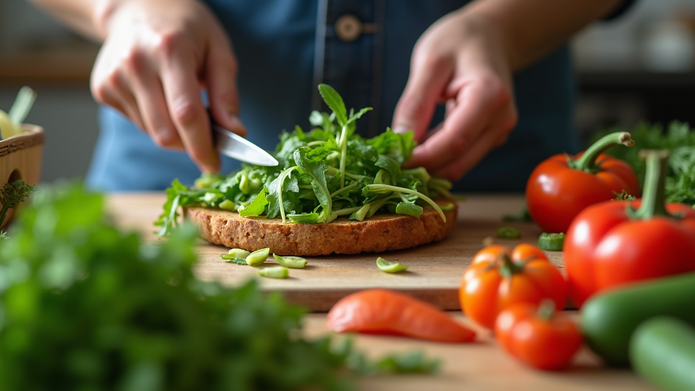 Close-up view of a person preparing a healthy meal with fresh vegetables