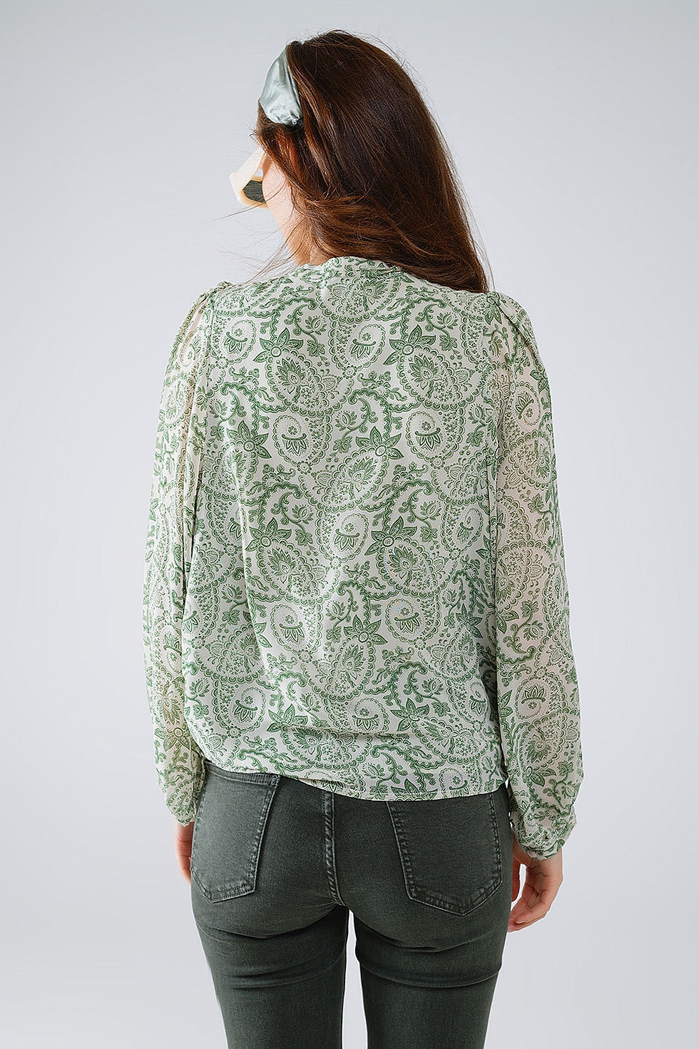 Thumbnail: Green Chiffon Blouse with Floral Print and Long Balloon Sleeves