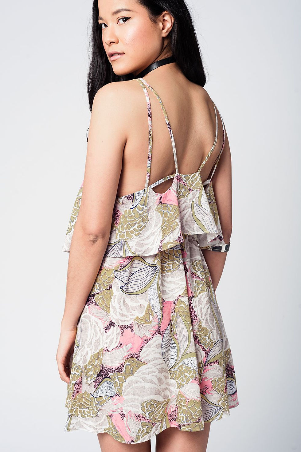 Thumbnail: Yellow Printed Mini Dress With Double Layer and Crossed Straps