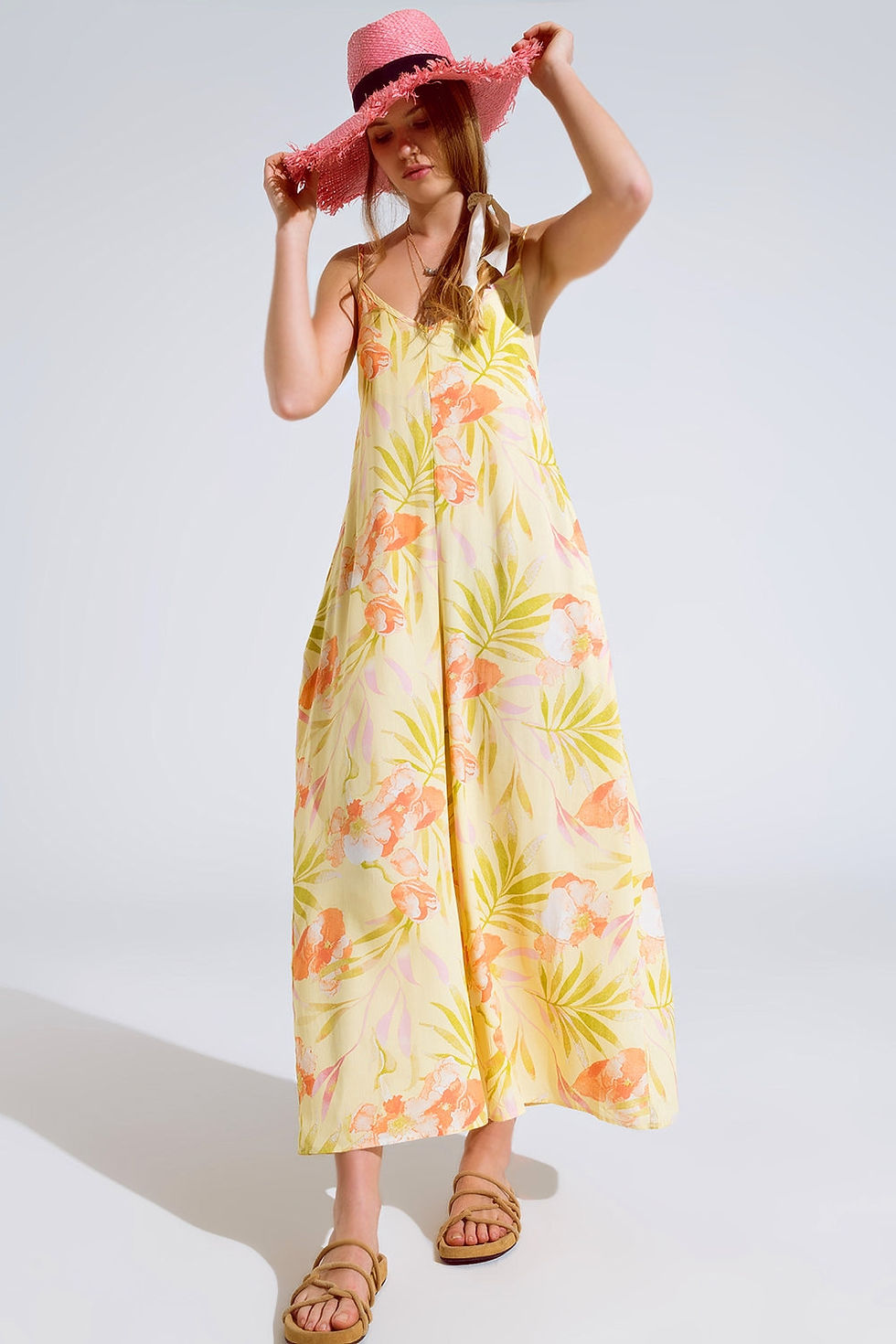 Thumbnail: Maxi Yellow Jumpsuit in Tropical Print