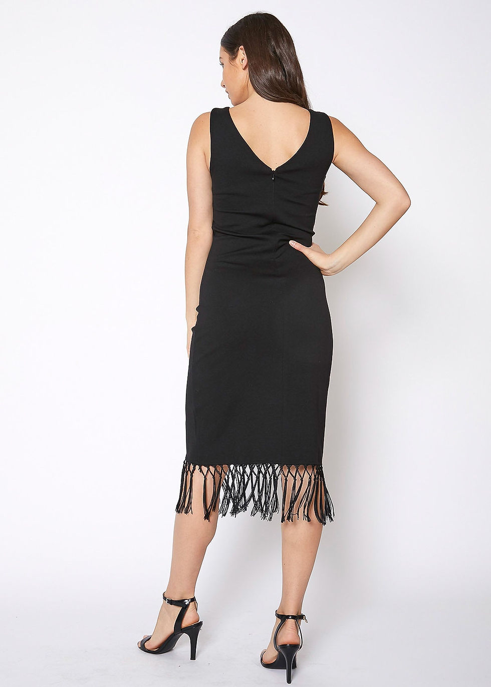 Thumbnail: Tassel Hem Sleeveless Midi Bodycon Dress in Black