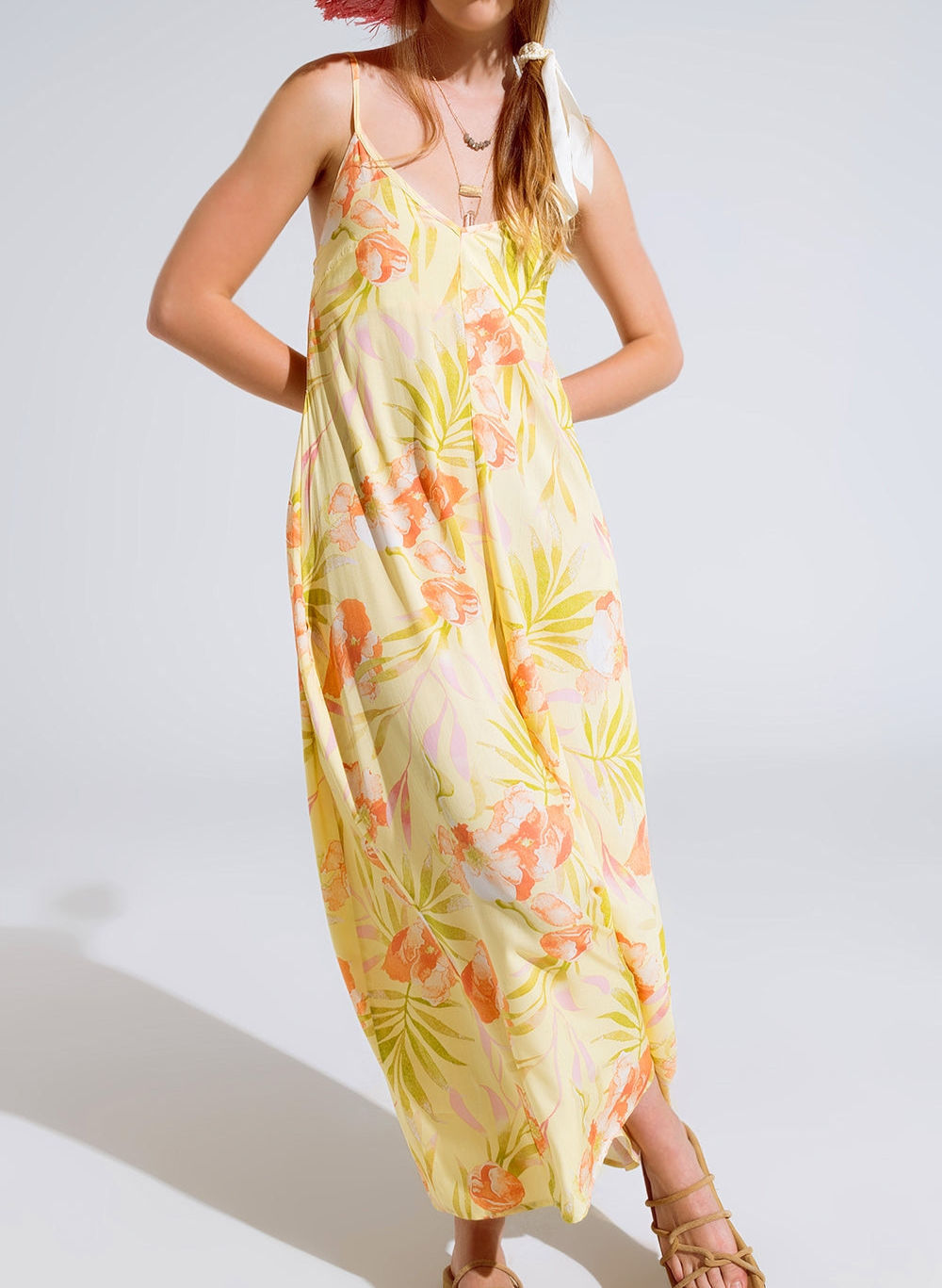 Maxi Yellow Jumpsuit in Tropical Print