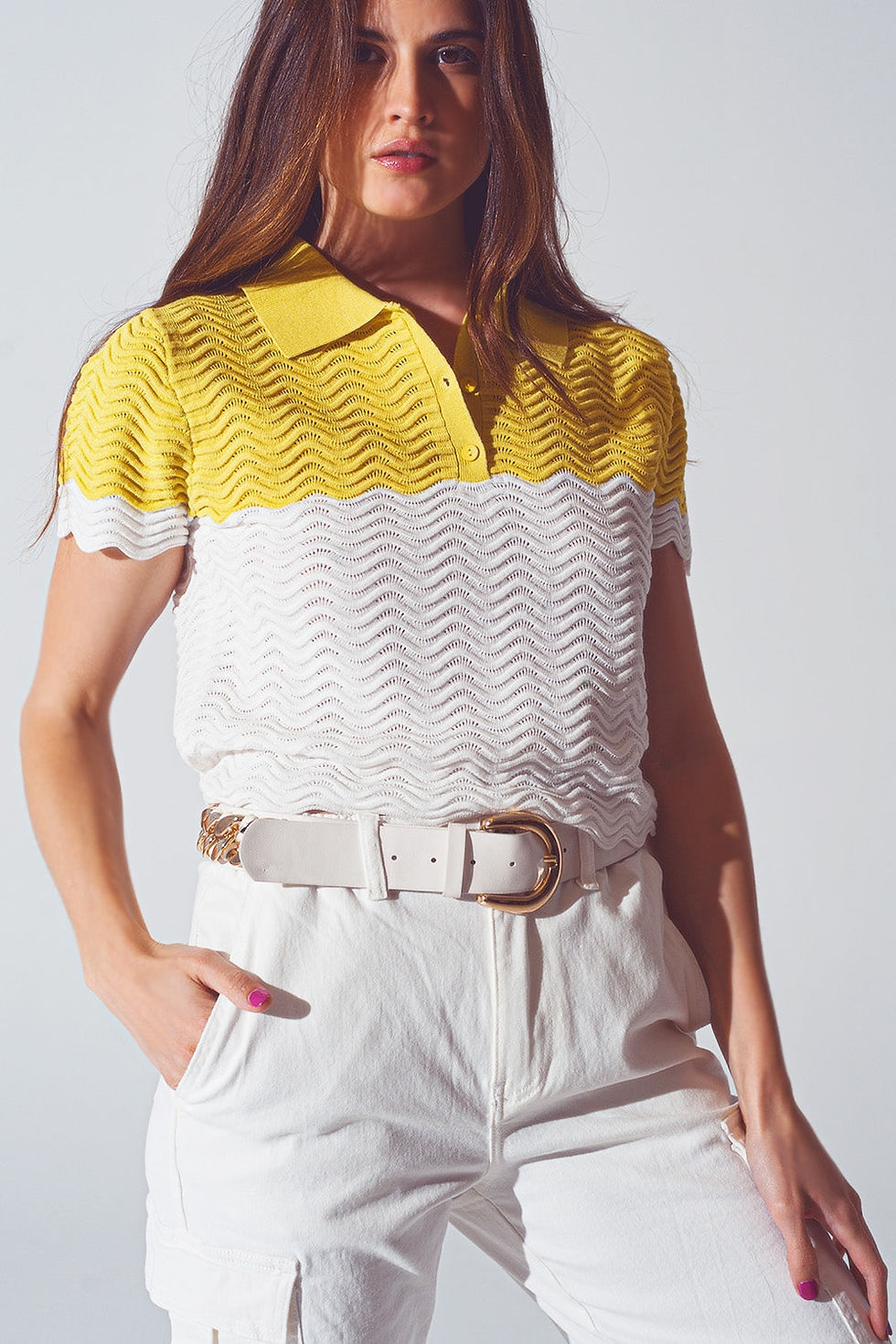 Knitted Color Block Cropped Polo in White and Yellow