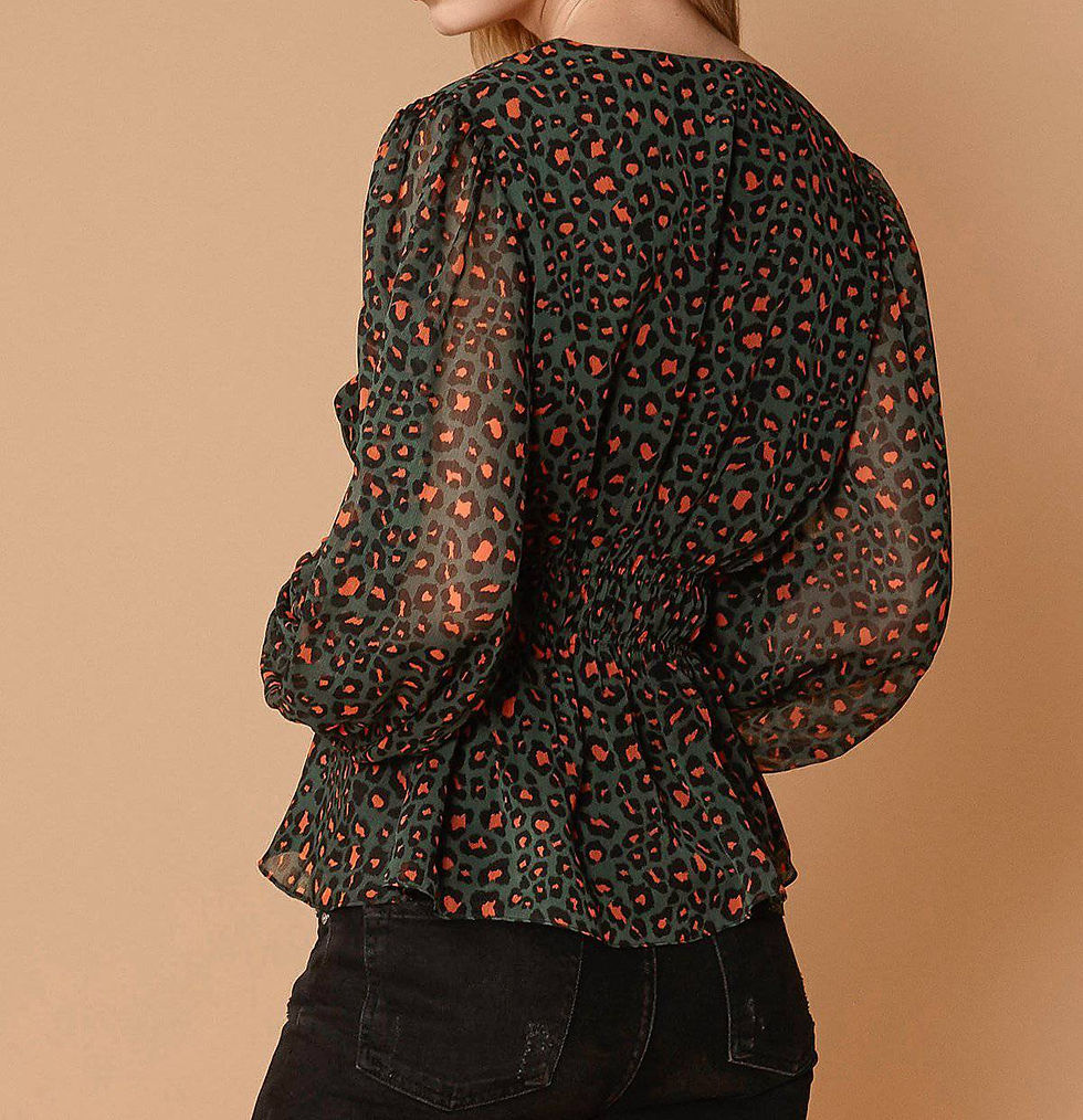 Thumbnail: V-neck Puff Sleeve Blouse in Leopard Hunt