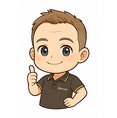 Chibi-style cartoon illustration of a male staff character labeled Mike, wearing Sycro uniform.