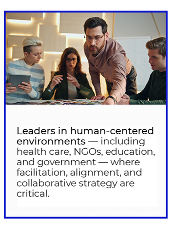 Leaders in human-centered environments - including health care, NGOs, education, and government - where facilitation, alignment, and collaborative strategy are critical.