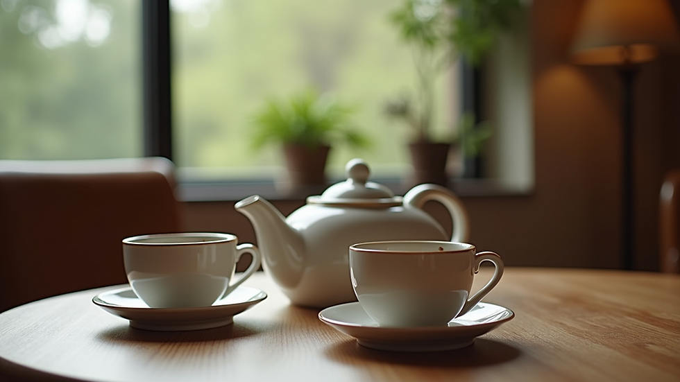 Eye-level view of a cozy tea house table set with teacups and a teapot