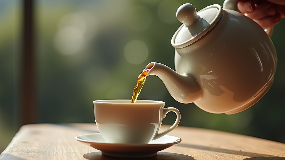 Close-up view of a teapot pouring tea into a delicate cup