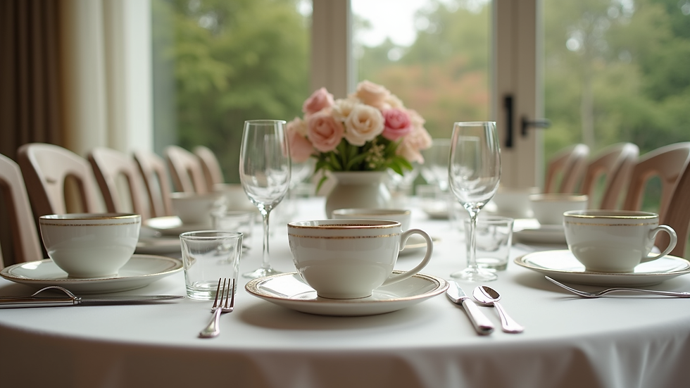 Eye-level view of a beautifully set tea table with fine china and floral centerpiece