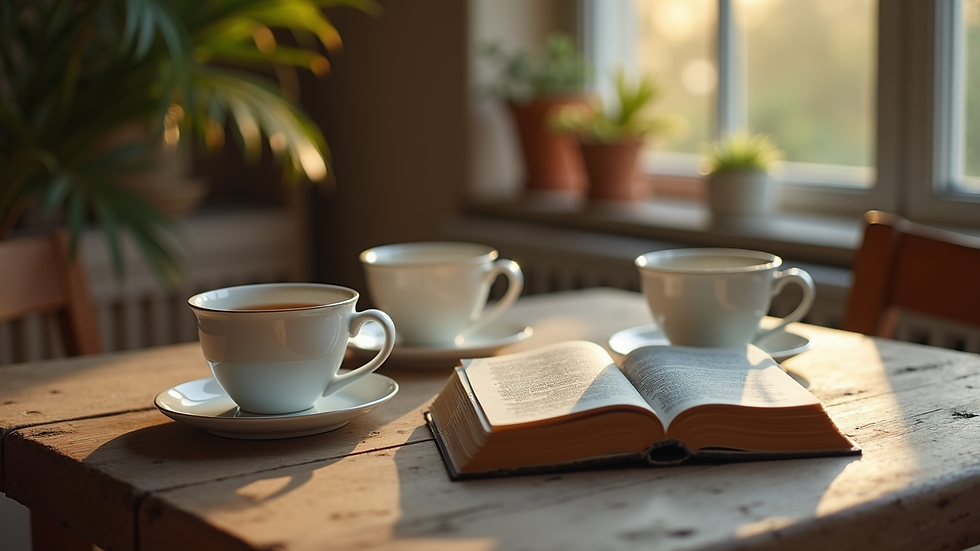 Eye-level view of a cozy table set with tea cups and a Bible