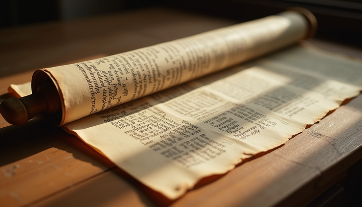 Eye-level view of an ancient scroll on a wooden table, symbolizing biblical texts and stories