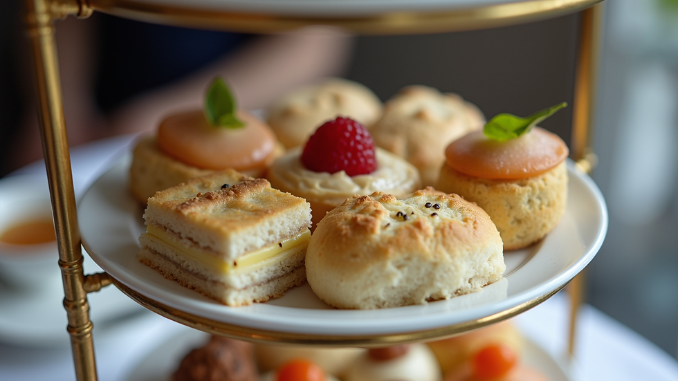 Close-up view of a tiered tray filled with assorted finger sandwiches and pastries