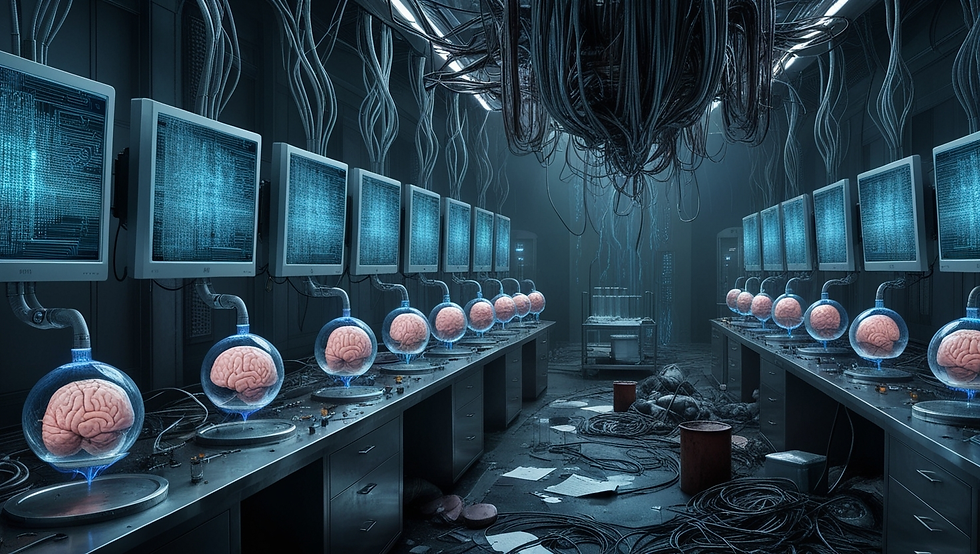A dark room with monitors and glass cannisters holding implants