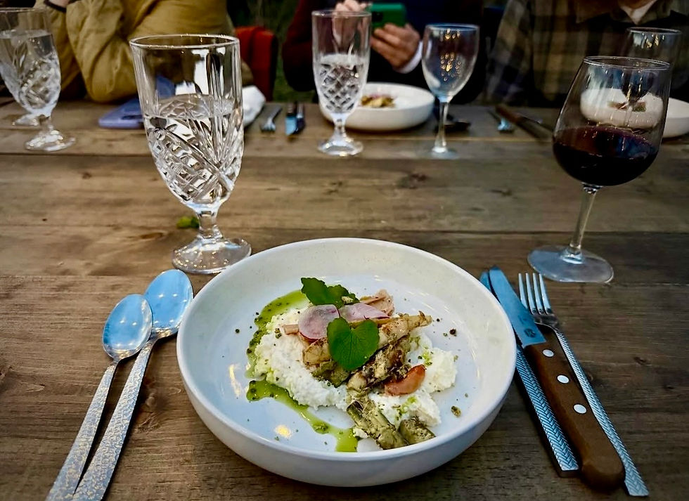 Charred Japanese knotweed with whipped sheep’s milk cheese, mushroom conserva, shaved radish, garlic mustard, and nettle rye crumb