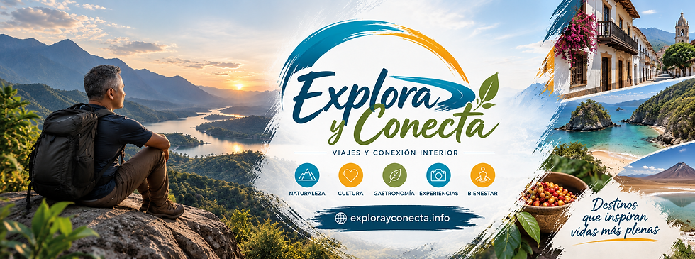 Banner Explora y Conecta Natural, tonos tierra y naturaleza, formato horizontal wide landscape