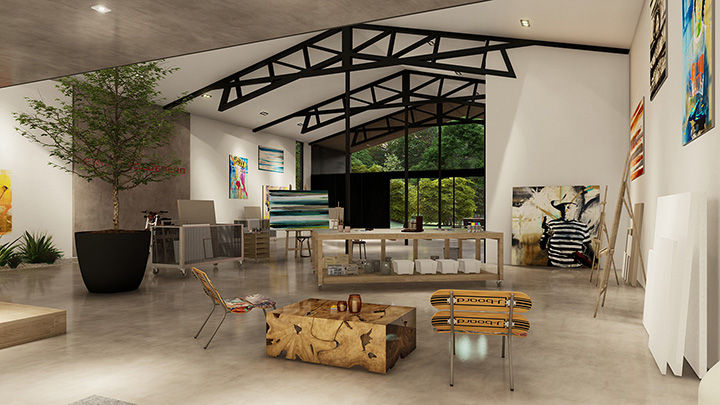 Inside the Art Barn’s mostly glass front building the open concept space designed by Trace Wilson provide lots of natural light ideal for painting and displaying art